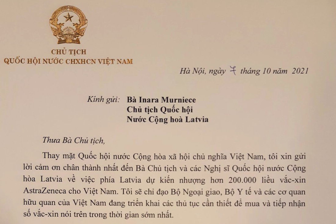 CHỦ TỊCH QUỐC HỘI CỘNG HOÀ LATVIA HỖ TRỢ VIỆT NAM PHÒNG, CHỐNG ĐẠI DỊCH COVID-19